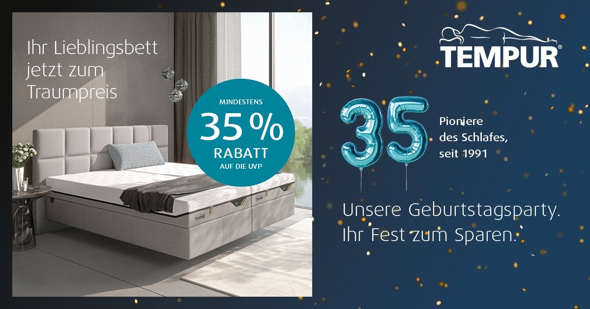Modernes Schlafzimmer mit einem Tempur-Bett, 35 % Rabatt und 35 blauen Luftballons zur Feier des Tempur-Jubiläums.