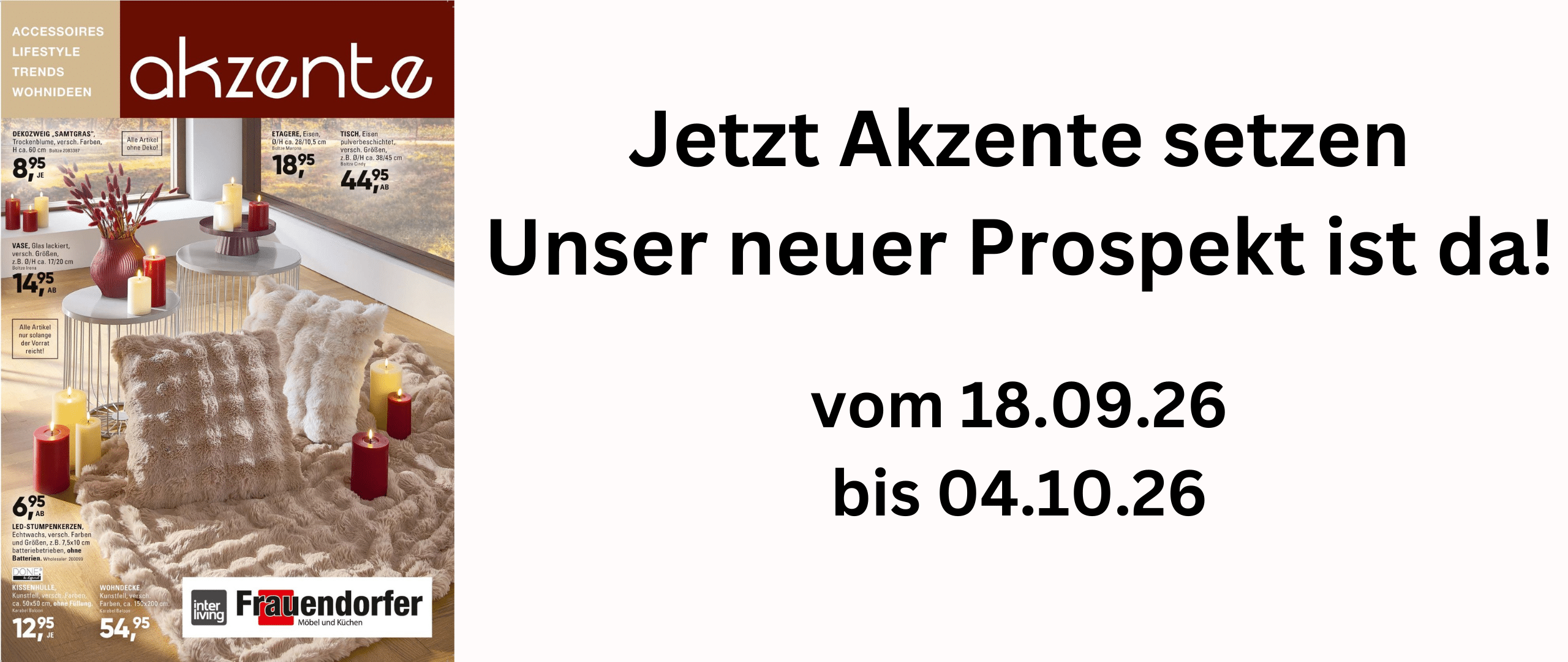 Zeitschriftencover mit Kerzen, Decken und Wohnaccessoires. Der Text kündigt eine neue Broschüre an, die vom 18.09.26 bis zum 04.10.26 erhältlich ist.