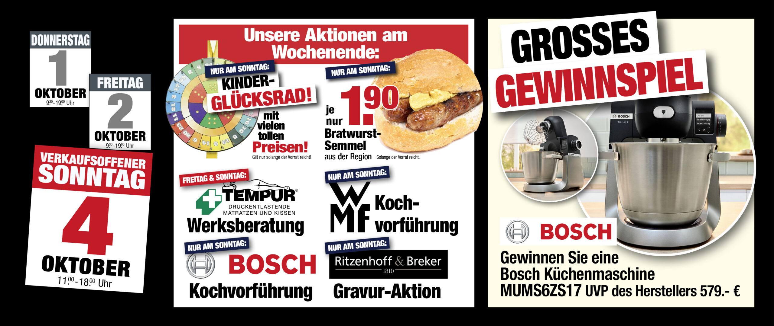 Anzeige mit Veranstaltungsterminen, Sonderaktionen, einem Gewinnspiel, bei dem es eine Bosch-Küchenmaschine zu gewinnen gibt, sowie speziellen Wochenendangeboten.