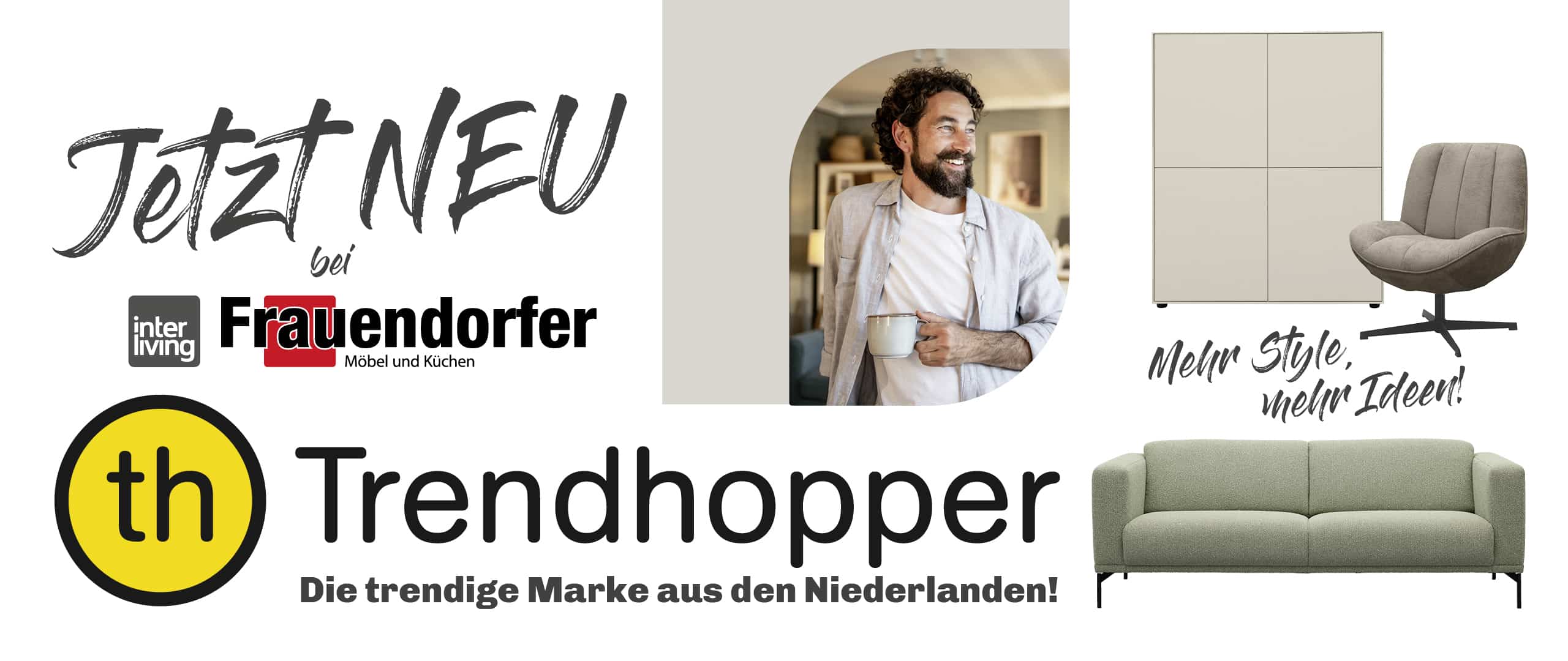 Anzeige für Trendhopper-Möbel, mit einem Sofa, einem Sessel, einem lächelnden Mann und einem Text, der für Stil und neue Ideen wirbt.