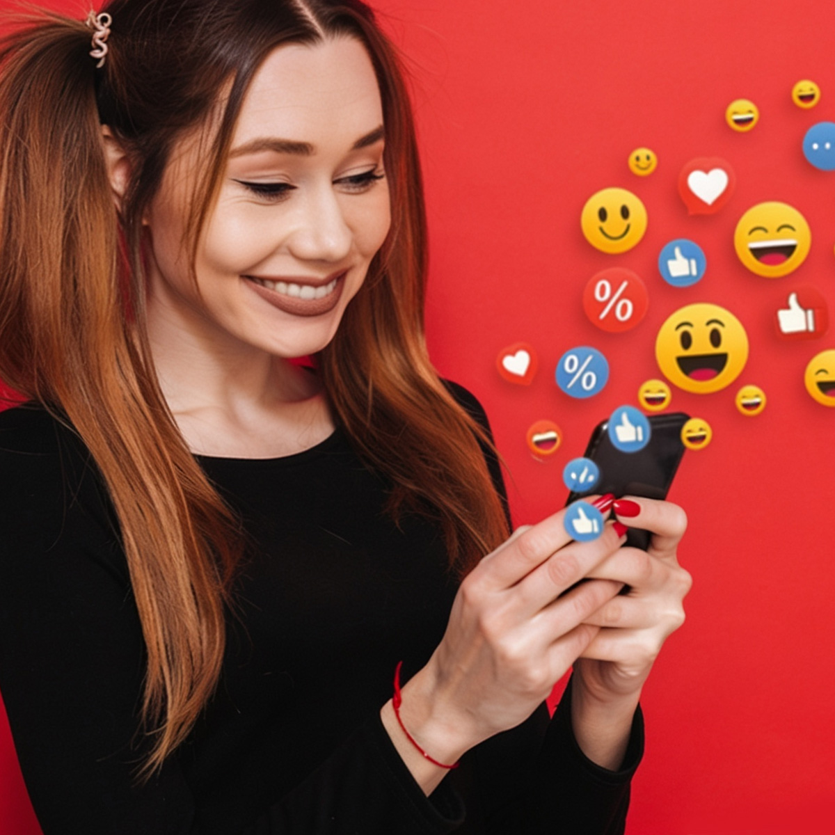 Eine lächelnde Frau, die ihr Smartphone benutzt, während Social-Media-Emojis vor einem roten Hintergrund herumschwirren.